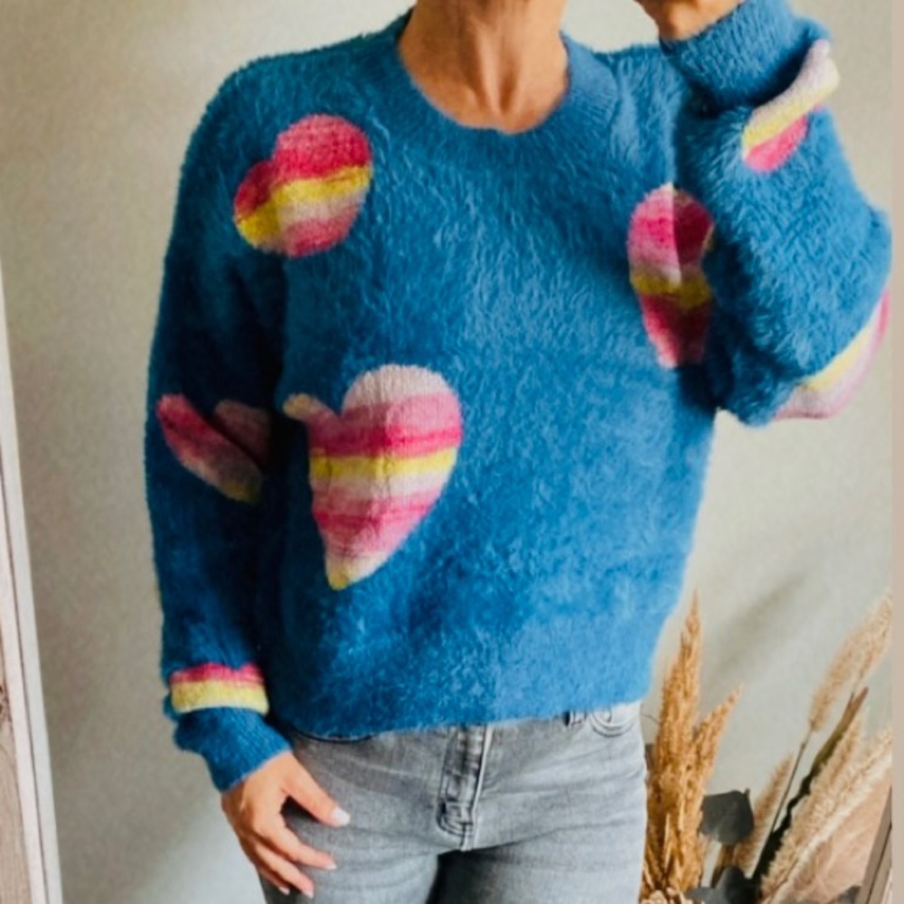 Just In// Fuzzy Heart Rainbow Sweater - Denim Blue